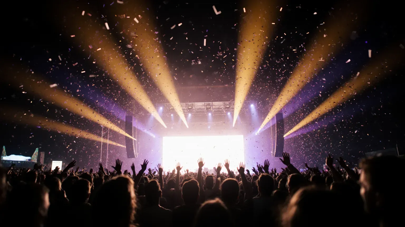 Koncert: snopy świateł nad publicznością i konfetti